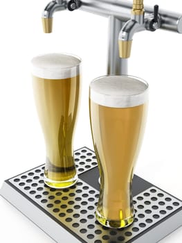 Two glasses of beer under alcoholic beverage taps. 3D illustration.