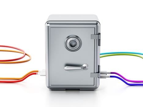 USB cables connected to steel safe. 3D illustration.