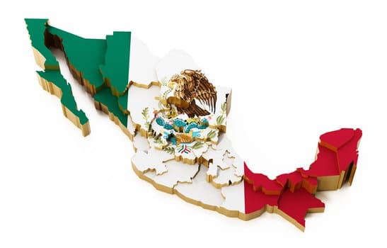 Mexico map with national flag texture showing state boarders. 3D illustration.
