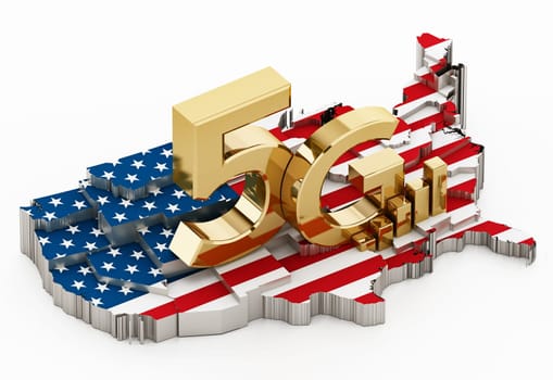 5G word standing on USA map covered with American flag. 3D illustration.