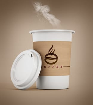 Disposable coffee cup with hot smoking coffee. 3D illustration.