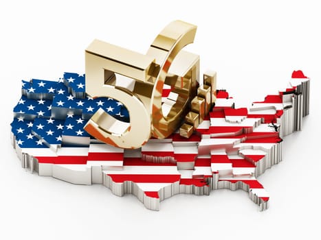 5G word standing on USA map covered with American flag. 3D illustration.
