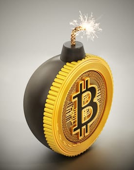 Bitcoin bomb with burning fuse. 3D illustration.