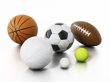 Sports balls isolated on white background. 3D illustration.