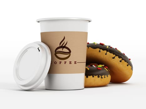 Coffee cup and donuts isolated on white background. 3D illustration.