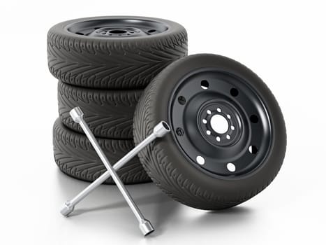 Spare car tyres and wheel nut wrench isolated on white background. 3D illustration.
