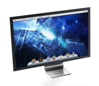 Computer monitor with blue desktop wallpaper. 3D illustration.
