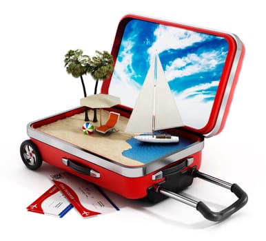 Holiday island inside half open travel suitcase. 3D illustration.
