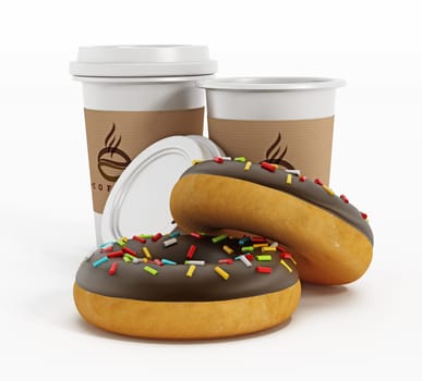 Coffee cup and donuts isolated on white background. 3D illustration.