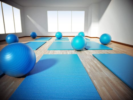 Pilates mat and exercise balls standing on parquet floor. 3D illustration.