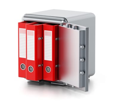 Red folders inside steel safe isolated on white background. 3D illustration.