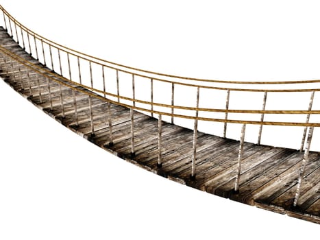 Old wooden suspended bridge isolated on white background. 3D illustration.