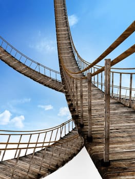 Old wooden suspended bridges against blue sky. 3D illustration.
