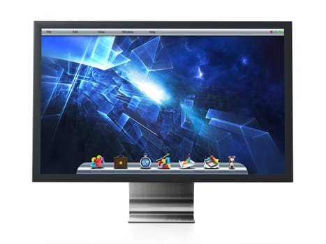 Computer monitor with blue desktop wallpaper. 3D illustration.