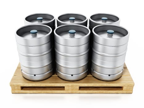 Stack of metal beer kegs standing on wooden pallette. 3D illustration.