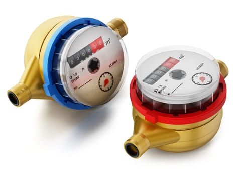 Water meters isolated on white background. 3D illustration.