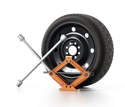 Spare tyre, car jack and wheel wrench isolated on white background. 3D illustration.