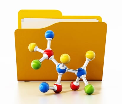 Open yellow folder and multi colored molecule model. 3D illustration.