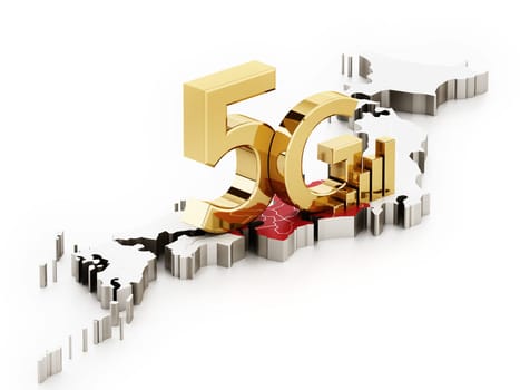 5G word standing on Japan map covered with Japanese flag. 3D illustration.