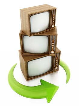Green turning arrows around vintage televisions. 3D illustration.