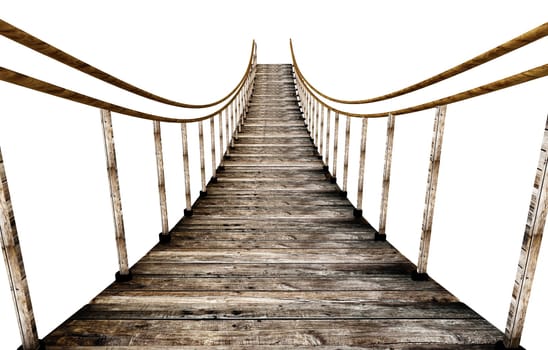 Old wooden suspended bridge isolated on white background. 3D illustration.