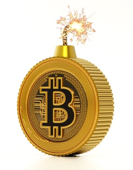 Bitcoin bomb with burning fuse. 3D illustration.