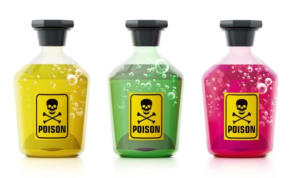 Poison bottles isolated on white background. 3D illustration.