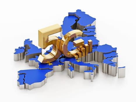 5G word standing on Europe map covered with European Union flag. 3D illustration.