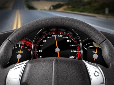 View of the road from the driver seat. 3D illustration.