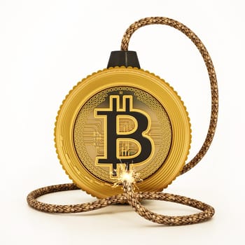 Bitcoin bomb with burning fuse. 3D illustration.