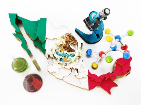 Mexico map and laboratory tools. Narcotics concept. 3D illustration.
