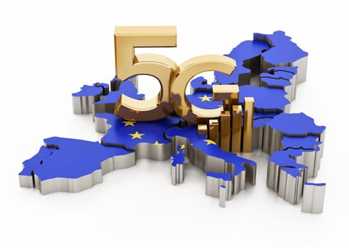 5G word standing on Europe map covered with European Union flag. 3D illustration.