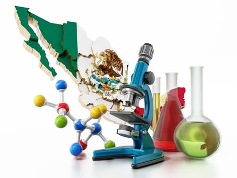 Mexico map and laboratory tools. Narcotics concept. 3D illustration.