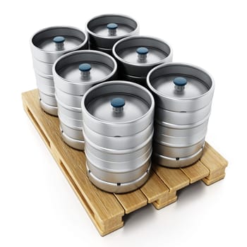 Stack of metal beer kegs standing on wooden pallette. 3D illustration.