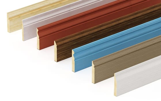Baseboards with various profiles isolated on white background. 3D illustration.