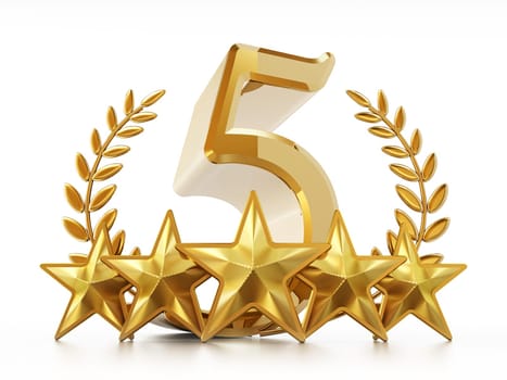 Number 5, stars and laurels isolated on white background. 3D illustration.