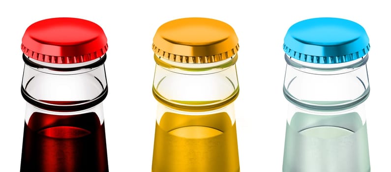 Soda bottles with metal caps. 3D illustration.