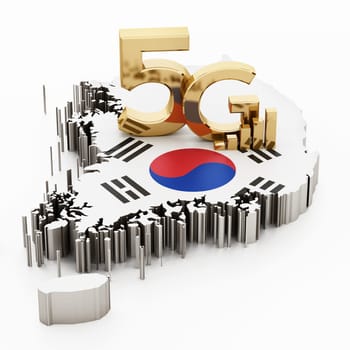 5G word standing on South Korea map and flag. 3D illustration.