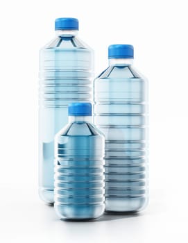 Blue plastic bottles full of water. 3D illustration.