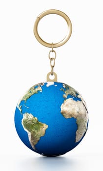 3D earth connected to keychain. 3D illustration.