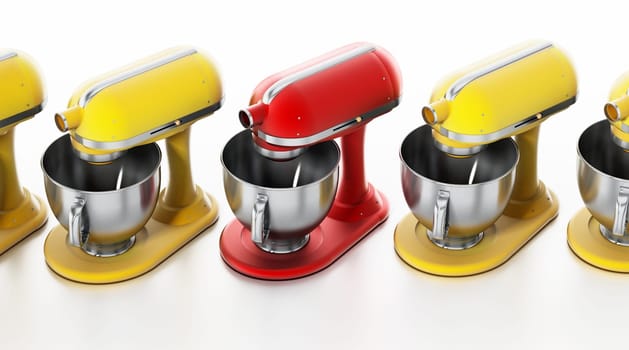 Red vintage mixer stands out among others. 3D illustration.