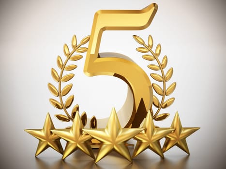 Number 5, stars and laurels isolated on white background. 3D illustration.