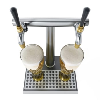 Two glasses of beer under alcoholic beverage taps. 3D illustration.