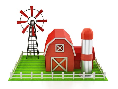 Farmhouse with windmill and silo standing on green area. 3D illustration.