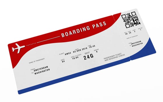 Boarding pass with fictitious numbers and names. 3D illustration.