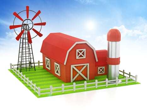 Farmhouse with windmill and silo standing on green area. 3D illustration.