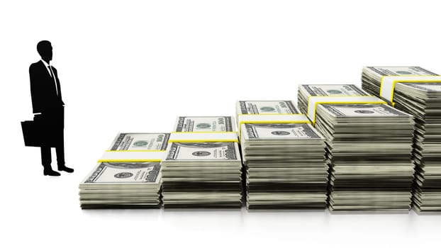 Silhouette of a businessman by dollars forming stairs. 3D illustration.