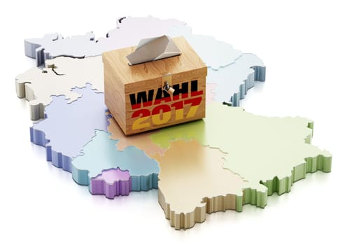 Ballot box on Germany map divided into regions. 3D illustration.