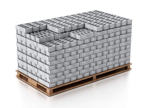 Stack of gray construction bricks standing on wooden base. 3D illustration.