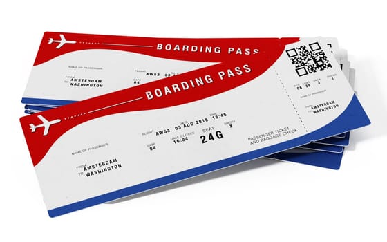 Boarding pass with fictitious numbers and names. 3D illustration.